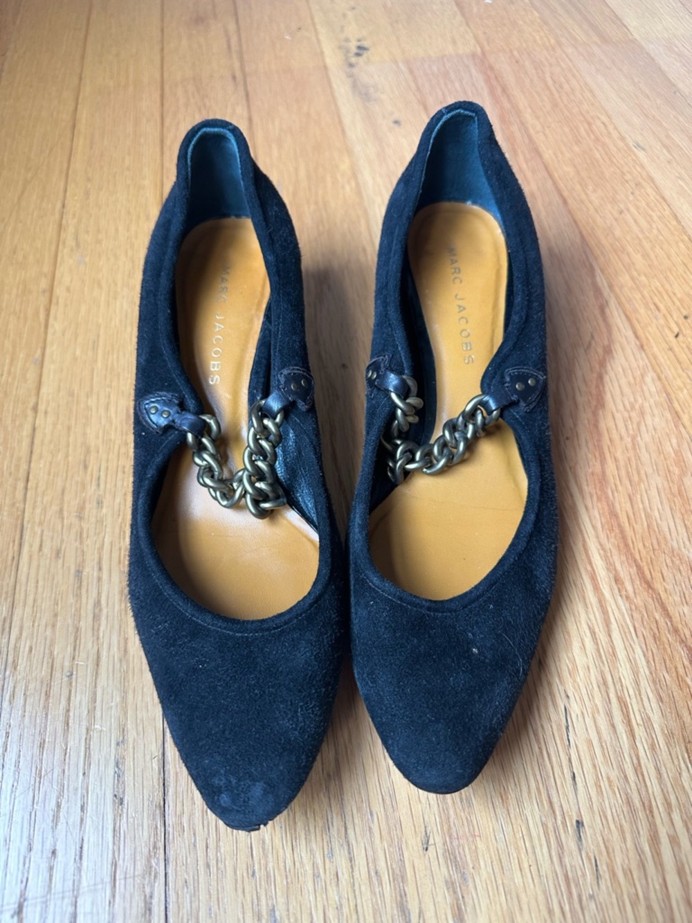 Marc Jacobs Black Pointed-Toe Heels with Gold Chain Strap